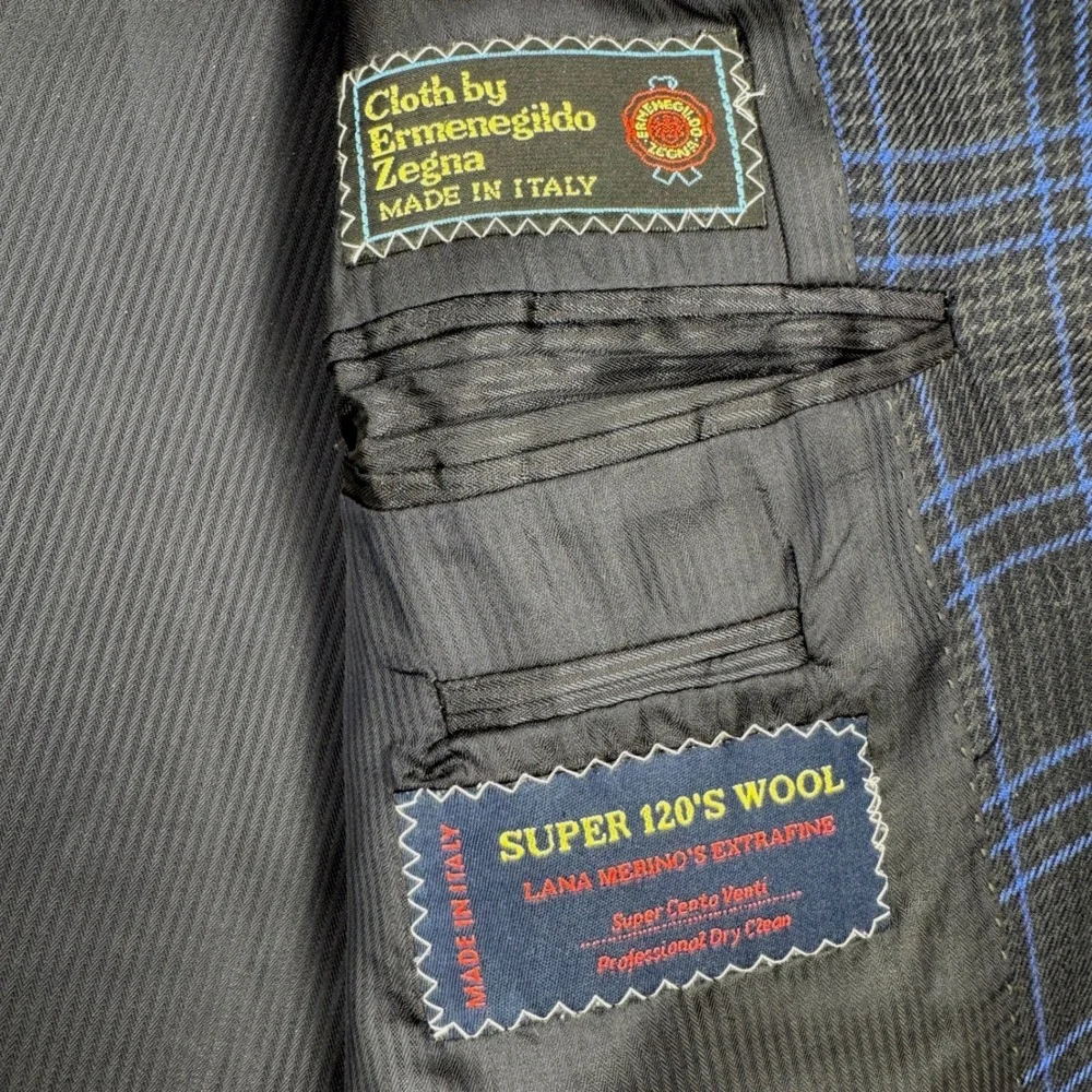 EXTREMA ZANETTI Zegna Blazer 44R US 54R IT Blue Windowpane Plaid Super 120s Wool
